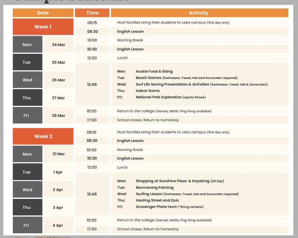 オーストラリア留学サンプルスケジュール表